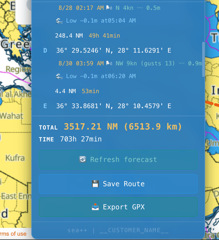 Weather forecast and tide between route points